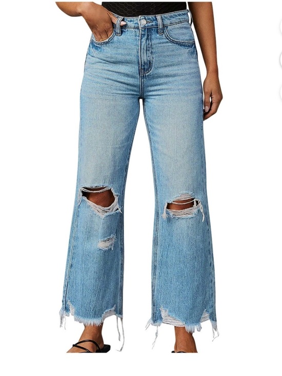 melarey Denim - Light Blue Distressed Wide-Leg High-Rise Jeans for Women